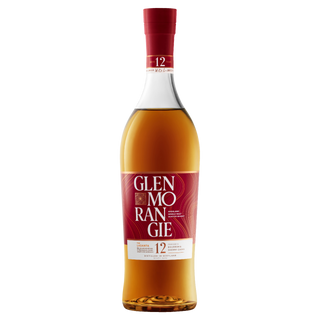 A bottle of Glenmorangie 12 Year Old Lasanta Single Malt Scotch Whisky with a red and gold label, displaying the brand and age, renowned for rich notes of honeycomb and luscious figs.