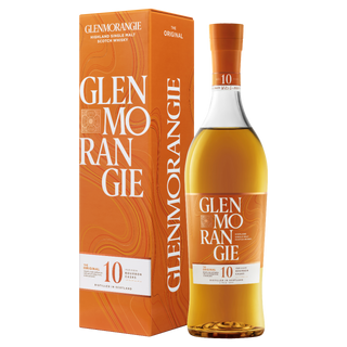 A bottle of Glenmorangie 10 Year Old Single Malt Scotch Whisky stands beside its orange box, featuring white and gold text and design accents that suggest the whisky’s smooth character and subtle floral citrus notes.