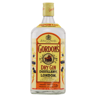 Bottle of Gordon's Dry Gin with a yellow label on a white background