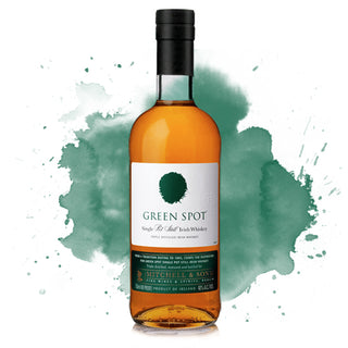 A bottle of Green Spot Single Pot Still Irish Whiskey stands before a green watercolor splash, its white and green label with gold accents reflecting the sweet malt and crisp orchard fruit notes inside.