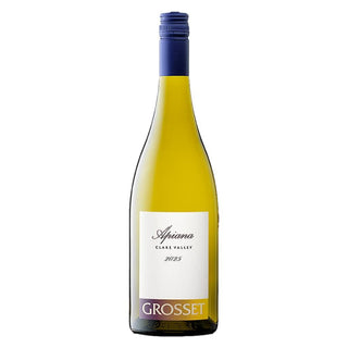 Case of twelve 750 ml bottles of Grosset Apiana Fiano 2025 Australian white wine showing clear glass wine bottles with dark foil tops and label text