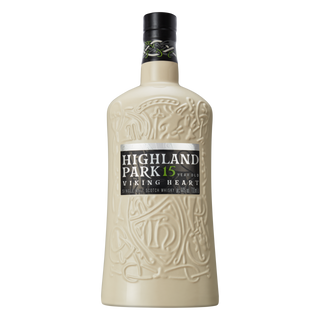 Highland Park 15 Year Old Viking Heart Single Malt Scotch Whisky comes in a cream bottle with embossed Viking designs and a black label, offering spiced fruit cake flavors and gentle peat smoke.