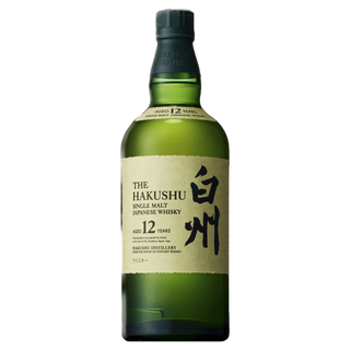 A green bottle of Hakushu 12 Year Old Single Malt Japanese Whisky, famed for herbal notes, with a cream label in English and Japanese, is displayed against a white background.