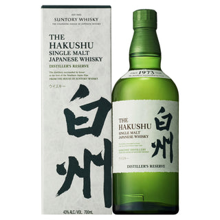A green bottle of Hakushu Distiller’s Reserve Single Malt Japanese Whisky stands beside its matching box, both displaying bold black Japanese kanji and English—this whisky is celebrated for its refreshing, herbaceous palate and elegant character.
