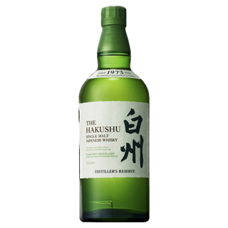 A green bottle of Hakushu Distiller’s Reserve Single Malt Japanese Whisky with a white label and green cap, set against a plain white background—an herbaceous Japanese whisky with a refreshing palate.