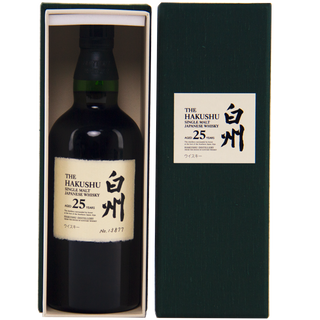 Hakushu 25-year-old Japanese whisky bottle and packaging on a white background
