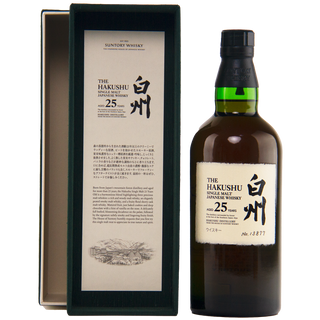 Hakushu 25-year-old Japanese whisky bottle with packaging on a white background
