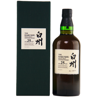 Hakushu 25-year-old Japanese whisky bottle and box on a white background