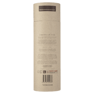 Beige cylindrical packaging with text and a barcode on the back. The minimalist, eco-friendly design of Hellyers Road 12 Year Old American Oak Single Malt Tasmanian Whisky hints at warm sweet oak notes. Text describes the product but is not fully readable.