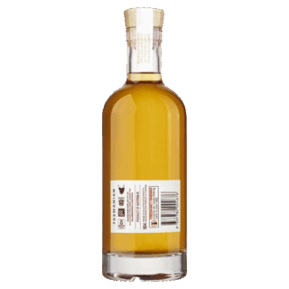 A clear glass bottle of Hellyers Road 12 Year Old American Oak Single Malt Tasmanian Whisky, filled with amber liquid, viewed from the back. A white label and barcode are visible. The bottle has a light cap and sits on a plain white background.