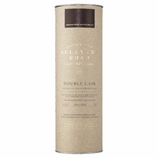 A beige cylindrical container with a brown label near the top and "Double Cask" in the center, packaging Hellyers Road Double Cask Single Malt Tasmanian Whisky, known for notes of dark chocolate and sweet vanilla.