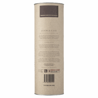 A tall, cylindrical cardboard container with a brown label featuring fine print and a barcode on the back, this minimalist, eco-friendly packaging holds Hellyers Road Double Cask Single Malt Tasmanian Whisky.