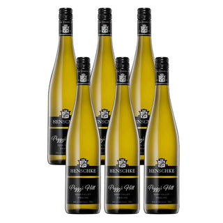 Five bottles of Henschke Peggy's Hill wine on a white background
