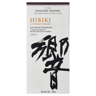 A white box of Hibiki Japanese Harmony Blended Japanese Whisky features bold Japanese calligraphy, English and Japanese text, "Japanese Harmony," and "43% ALC./VOL. 700ml" on the front, evoking floral notes and sweet fruit aromas.