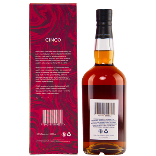 Bottle of Cinco whiskey with its packaging on a white background