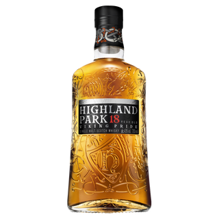 A bottle of Highland Park 18 Year Old Single Malt Scotch Whisky features ornate Viking-inspired glasswork and a black label, promising dried apricot notes and a rich, smoky finish.