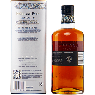 A bottle of Highland Park Harald Single Malt Scotch Whisky stands beside its silver and black box, adorned with Norse-inspired designs. The whisky inside offers notes of heather honey and gentle smoke, sealed with a black cap.
