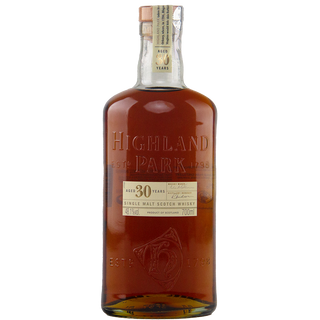 Highland Park 30-year-old single malt Scotch whisky bottle on a white background