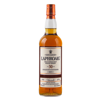 Bottle of Laphroaig Scotch Whisky on a white background