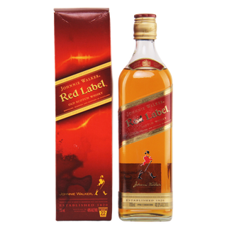 Johnnie Walker Red Label whisky bottle and packaging on a white background