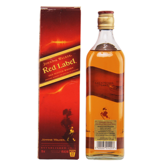 Johnnie Walker Red Label whisky bottle and box on a white background