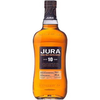 A bottle of Jura 10 Year Old Single Malt Scotch Whisky, showcasing a rich amber liquid and offering hints of dark chocolate and vanilla.