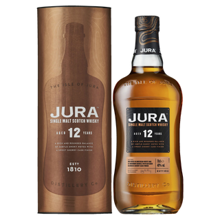 A cylindrical box and a bottle of Jura 12 Year Old Single Malt Scotch Whisky with an amber liquid. The black label has gold and white text, highlighting rich honey notes and its aging for 12 years on the Isle of Jura.