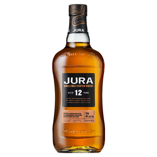 A bottle of Jura 12 Year Old Single Malt Scotch Whisky features a dark label with brand and age details, an amber liquid with notes of honey and dark chocolate, and is topped by a black and gold cap.