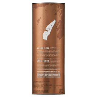 A cylindrical bronze box shows Jura island’s white map and details Jura 12 Year Old Single Malt Scotch Whisky, highlighting honey and dark chocolate tasting notes and featuring distillery information.