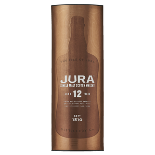 A cylindrical container of Jura 12 Year Old Single Malt Scotch Whisky, featuring a brown design with the brand name and details—ideal for those who appreciate honey and dark chocolate notes.