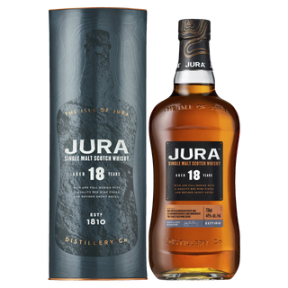 A bottle of Jura 18 Year Old Single Malt Scotch Whisky stands beside its cylindrical packaging, both featuring gold and white text on a dark backdrop, with highlighted notes of red fruits and dark chocolate from this renowned distillery.