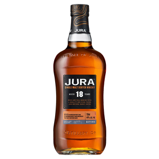 A bottle of Jura 18 Year Old Single Malt Scotch Whisky stands against a white background, its black and gold label displaying the brand and age statement, hinting at rich notes of dark chocolate and black forest fruit.