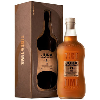 A boxed bottle of Jura 21 Year Old Tide Single Malt Scotch Whisky, infused with notes of spiced gingerbread.