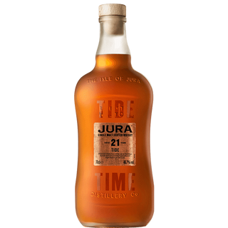 A bottle of Jura 21 Year Old Tide Single Malt Scotch Whisky, featuring amber liquid, embossed glass with Isle of Jura Distillery Co, a cork stopper, and hints of crème caramel.
