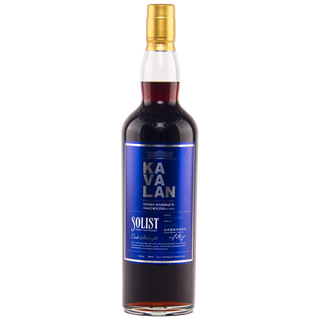 A bottle of Kavalan Solist Vinho Barrique Cask W120120118A Single Malt Whisky, with a deep blue label and gold neck foil, stands against a white background, inviting with hints of tropical fruit and wine-cask sweetness.