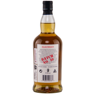 Bottle of Kilkerran whisky with a white label on a white background