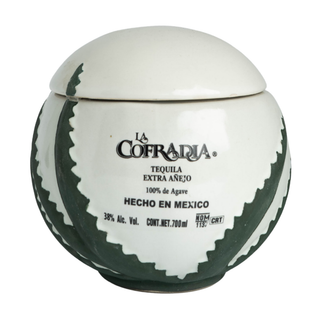 La Cofradia Balón Extra Añejo 700ml is a round ceramic bottle with a lid, labeled 100% de Agave, Hecho en Mexico, in green and white, containing tequila at 38% ABV with sweet agave and toasted oak notes.