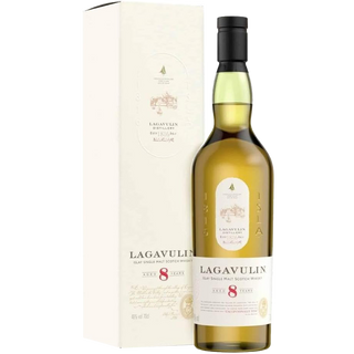 A bottle of Lagavulin 8 Year Old Single Malt Scotch Whisky stands beside its cream box. Featuring a light-gold label and black cap, the branding appears on both the bottle and packaging, reflecting its signature peat smoke notes.
