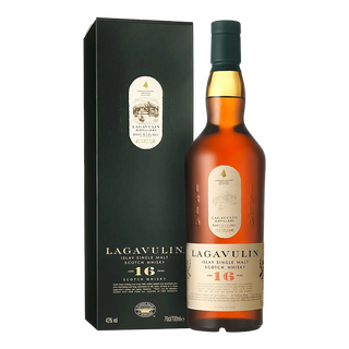 A bottle of Lagavulin 16 Year Old Single Malt Scotch Whisky stands beside its dark green box, both adorned with gold and white labels, offering smoky peat aromas and subtle dried fruit notes.