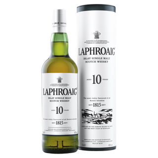 A bottle and cylindrical box of Laphroaig 10 Year Old Single Malt Scotch Whisky, with white labels and black text—renowned for bold peat smoke flavors, subtle vanilla notes, and signature distillery details.