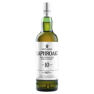 A bottle of Laphroaig Quarter Cask Single Malt Scotch Whisky with a white label showing the brand name and details, set against a plain white background—renowned for its signature peat smoke and rich, full-bodied malt flavor.