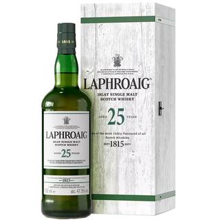 A bottle of Laphroaig 25 Year Old Single Malt Scotch Whisky 51.9% abv stands next to its matching white and green box, both displaying the Laphroaig logo and the 25-year age statement.