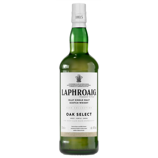 A green glass bottle of Laphroaig Oak Select Single Malt Scotch Whisky with a white label, black text, and a white cap stands upright against a plain white background, evoking signature peat smoke notes.