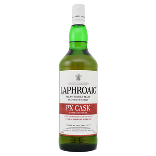 A green glass bottle of Laphroaig PX Cask Single Malt Scotch Whisky with a white label and red accents evokes sherried sweetness and peat smoke, displayed against a plain white background.