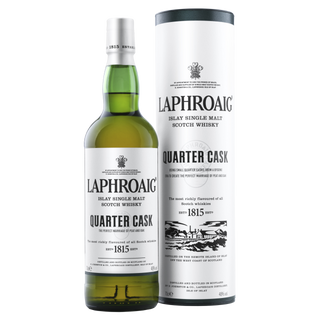 A bottle of Laphroaig Quarter Cask Single Malt Scotch Whisky stands beside its white cylindrical packaging, both with black text and a classic design evoking the rich smoke and sweet malt flavors inside.