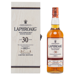 Laphroaig 30-year-old single malt Scotch whisky bottle and box on a white background