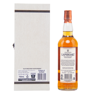 Laphroaig whisky bottle with packaging on a white background