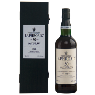 Laphroaig 30-year-old whisky bottle and box on a white background