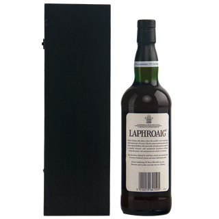 Laphroaig whisky bottle with a black box on a white background