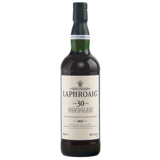 Laphroaig 30-year-old Scotch whisky bottle on a white background